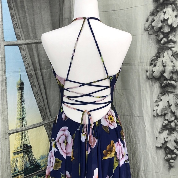 Faviana Blue Floral Chiffon Evening Gown Size 0 - Picture 6 of 8